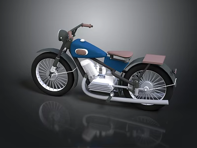 Vintage Blue Motorcycle With Brown Leather Seat Chrome Engine And Black Wheels 3d model