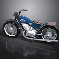 Vintage Blue Motorcycle With Brown Leather Seat Chrome Engine And Black Wheels