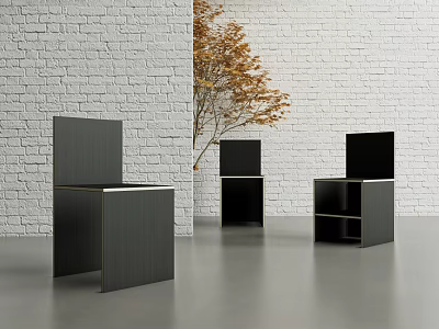 Black Modern Dining Chairs In Room With White Brick Wall And Plant 3d model