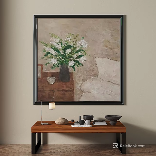 Abstract Painting With Vase Of Flowers Hanging On Living Room Wall Textured Canvas Soft Interior Art 3d model 