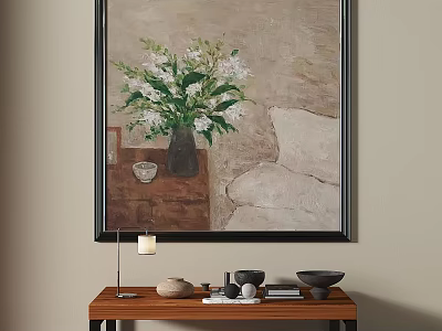 Abstract Painting With Vase Of Flowers Hanging On Living Room Wall Textured Canvas Soft Interior Art 3d model