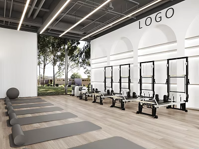 Modern Fitness Studio With Yoga Mats TRX Racks And Dumbbell Stations For Workouts 3d model