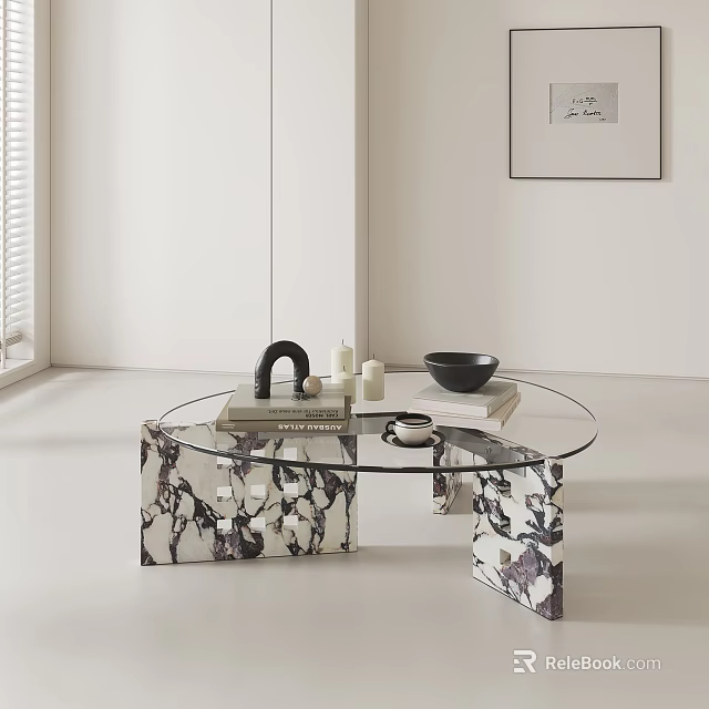Modern Coffee Table With Glass Top Marble Base And Decorative Items 3d model
