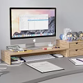 Functional Desk with Monitor on Wooden Stand Drawers and Organizing Office Supplies Notebook Pen Books