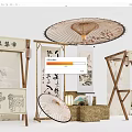 Traditional Chinese Garden Ornaments With Bamboo Structures Oil Paper Umbrellas Calligraphy Scrolls And Landscape Paintings