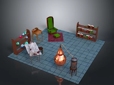 Vintage Interior Workspace With Green Armchair Bookshelves Copper Still And Wooden Table 3d model