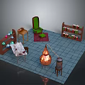 Vintage Interior Workspace With Green Armchair Bookshelves Copper Still And Wooden Table