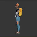 Game Movie Character With Orange Hair Blue T-Shirt Blue Jeans Mechanical Arm Backpack Standing Pose