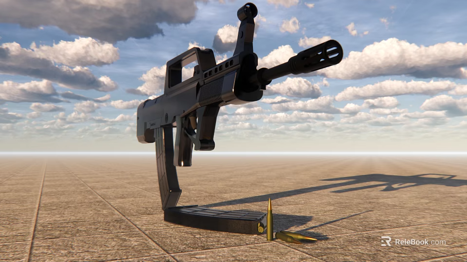 Black Assault Rifle With Tactical Grip And Barrel On Concrete Ground Against Cloudy Sky 3d model 