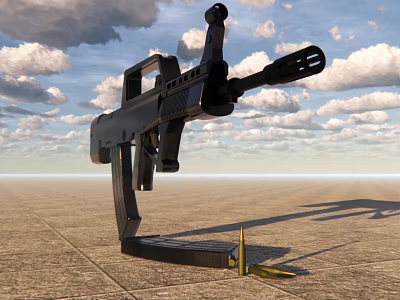 Black Assault Rifle With Tactical Grip And Barrel On Concrete Ground Against Cloudy Sky 3d model