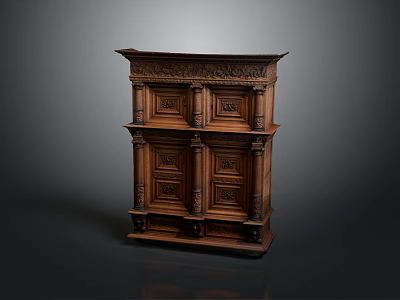 Dark Wooden Two Tier Cabinet With Intricate Carvings Drawers And Doors 3d model
