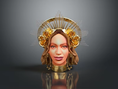 Woman In Golden Headdress With Rose Decorations Mesh Details And Golden Collar On Gray Background 3d model