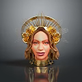 Woman In Golden Headdress With Rose Decorations Mesh Details And Golden Collar On Gray Background