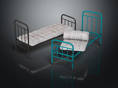 Black And Blue Metal Frame Beds Featuring Plaid Striped Mattress And Rolled Up Mattress 3d model