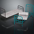 Black And Blue Metal Frame Beds Featuring Plaid Striped Mattress And Rolled Up Mattress