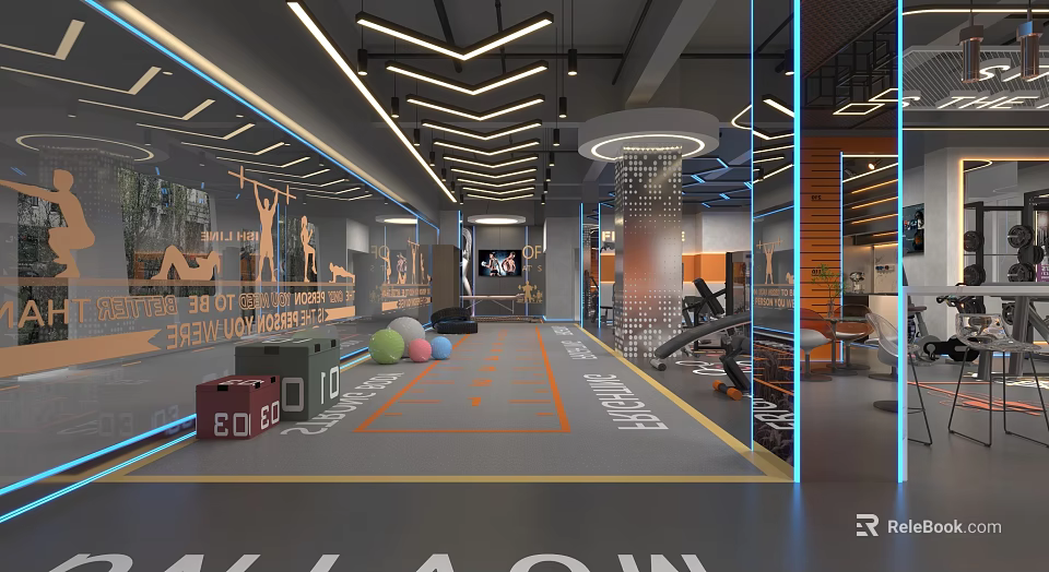 Modern Gym Interior With Spacious Training Area Fitness Equipment Colorful Exercise Balls And Decorative Walls 3d model 