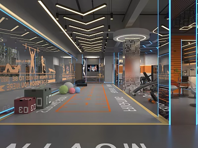 Modern Gym Interior With Spacious Training Area Fitness Equipment Colorful Exercise Balls And Decorative Walls 3d model