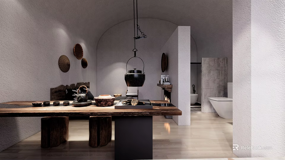 Modern Hotel Room Interior With Arch Design Wooden Furniture And Bathtub 3d model 