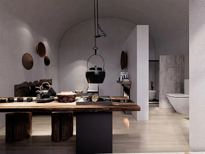 Modern Hotel Room Interior With Arch Design Wooden Furniture And Bathtub 3d model