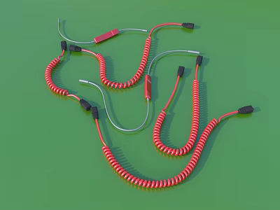 Multiple Red Coiled Cables Arrangement On Green Background With Black Connectors 3d model
