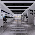 Modern Spacious Service Hall Interior With White Pillars Blue Counters And Electronic Screens