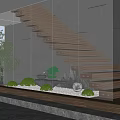 Modern Staircase Interior With Wooden Steps Glass Railing Gray Walls Greenery Marble Floor And Lighting