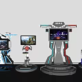 Interactive VR Gaming Equipment Featuring Stations Chairs Simulators And Screens 3d model