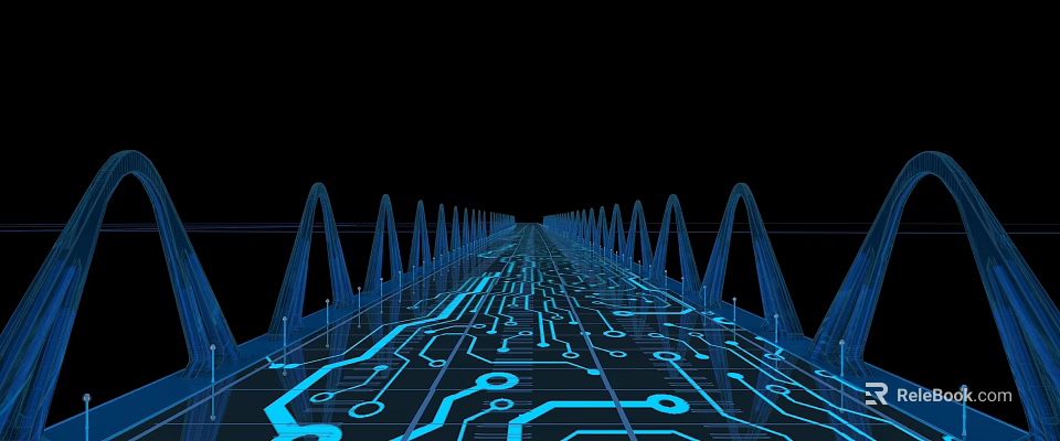 Blue Illuminated Circuit Board Pattern Bridge With Arched Structures On Black Background 3d model 
