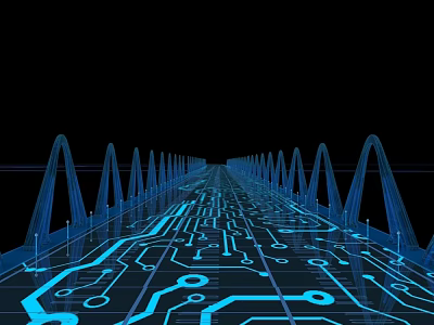 Blue Illuminated Circuit Board Pattern Bridge With Arched Structures On Black Background 3d model