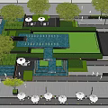 Modern Outdoor Garden Design With Green Lawn Black Paving White Umbrellas And Seating Furniture
