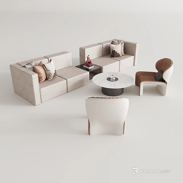 Modern Light Beige Sofa Coffee Table Set With Round Table And Accent Chairs 3d model