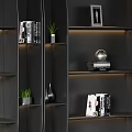 Modern Office Desk With Ergonomic Chair Wooden Bookshelf Featuring Books Decorative Items And Potted Plant