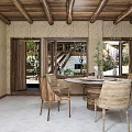 Rustic Kitchen Interior With Wooden Ceiling Cabinets Marble Round Table Wooden Chairs And Green Plant