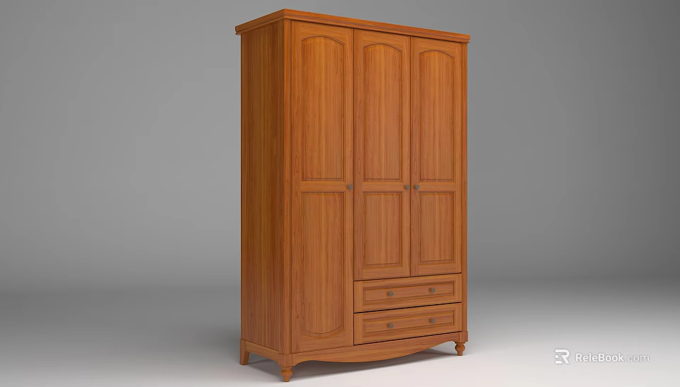 Wooden Wardrobe With Three Doors And Drawers At The Bottom Classic Design Solid Wood Construction 3d model 