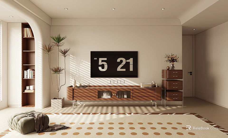 Modern Living Room With TV Stand Bookshelf Plant And Dot Pattern Rug In Sunlight 3d model 