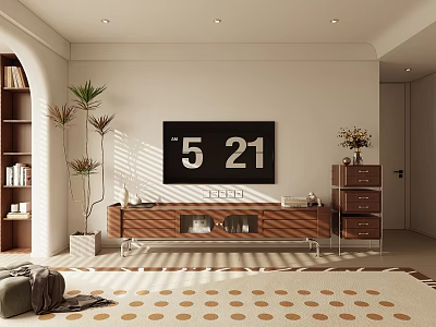 Modern Living Room With TV Stand Bookshelf Plant And Dot Pattern Rug In Sunlight 3d model