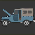 Blue Vintage SUV Toy Model With Open Hood Doors Soft Top And White Rims