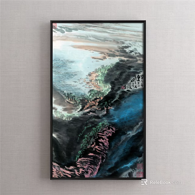 Vibrant Traditional Chinese Landscape Painting With Mountains Rivers Trees And Misty Clouds 3d model 