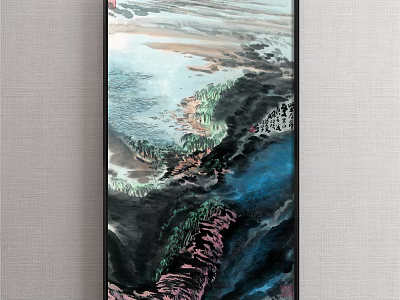 Vibrant Traditional Chinese Landscape Painting With Mountains Rivers Trees And Misty Clouds 3d model