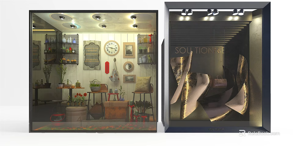 Vintage And Modern Window Display With Decor Items Clock Frames And Metallic Lighting 3d model 