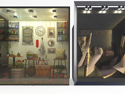 Vintage And Modern Window Display With Decor Items Clock Frames And Metallic Lighting 3d model