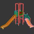 Outdoor Playground Equipment With Two Orange Slides Green Panels And Brown Frame