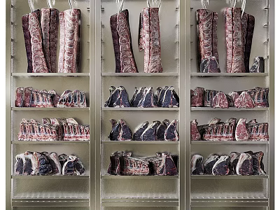 Butcher Shop Display Shelves With Hanging And Organized Various Fresh Meat Cuts 3d model