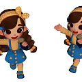 Cartoon Girl In Blue Overalls Yellow Top With Polka Dot Headband Cheerful Pose