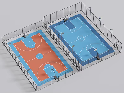 Two Basketball Courts With Red And Blue Surfaces Surrounding Fencing And Hoops 3d model