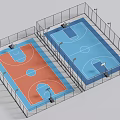 Two Basketball Courts With Red And Blue Surfaces Surrounding Fencing And Hoops