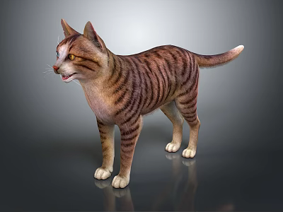 Realistic Brown And Black Striped Cat Standing With Yellow Eyes On Gray Background 3d model