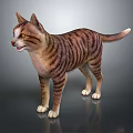 Realistic Brown And Black Striped Cat Standing With Yellow Eyes On Gray Background