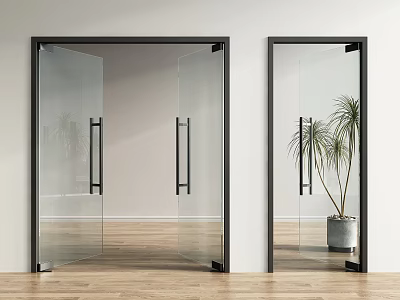 Modern Glass Doors With Black Frame Transparent Glass And Potted Plant On Wooden Floor 3d model