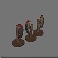 Three Red Headed Woodpeckers Perched On Wooden Stumps Displaying Feather Details And Postures